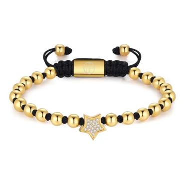 Imagem de WP WEPICK Pulseiras masculinas banhadas a ouro 18 quilates com cruz de estrela de oito garras, trevo de quatro folhas, coração e gato, pulseira masculina de aço inoxidável, contas ajustáveis, joias de