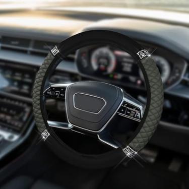 Imagem de HQRNYP Capa de volante de couro macio brilhante, protetor de volante, 38 cm colorido strass elástico, acessórios de carro de couro diamante antiderrapante para mulheres e meninas (cinza)