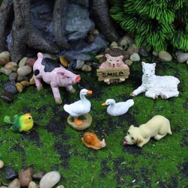 Imagem de Dylayos Conjunto de ornamentos de animais de jardim em miniatura, 8 peças com porco, ovelha, cachorro, pato, pássaro, estatuetas de caracol, decoração decorativa de gramado ao ar livre