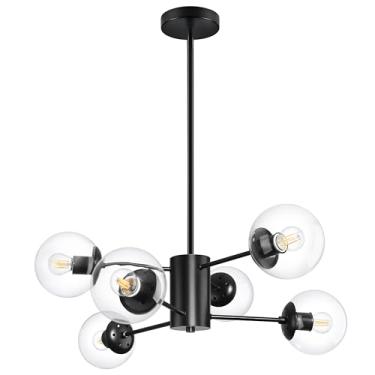 Imagem de Bagood Lustre Sputnik De 6 Lâmpadas, Moderno, Preto, Lustre Sputnik De Meados Do Século, Luminária Pendente, Preto Fosco, Acabamento Com Abajur De Vidro Transparente, Lustres Para Sala De Jantar E