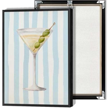 Imagem de Arte de parede em tela de carrinho de bar azul e branco listrado, pôsteres em aquarela para cozinha, sala de estar, dormitório, decoração de parede, 30,5 x 40,6 cm, sem moldura