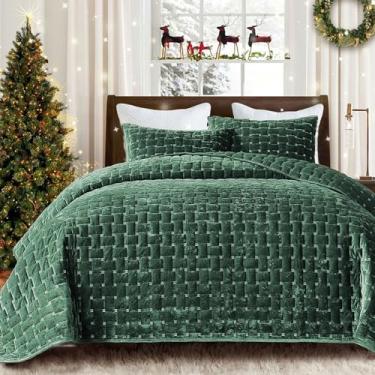 Imagem de Grassix Conjunto de colcha de veludo de luxo, tamanho king, 3 peças, edredom leve de veludo com fronhas, colcha acolchoada geométrica para todas as estações, verde escuro, 274 x 244 cm