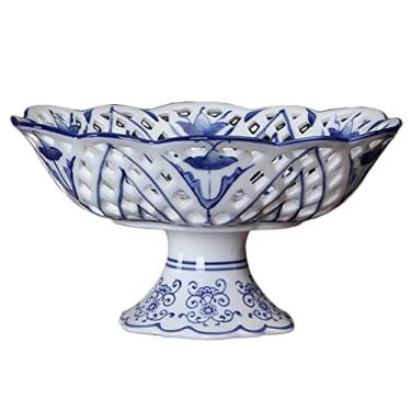 Imagem de Cesta de frutas Cestas de armazenamento de fruteiras estilo chinês oco retro fruteira azul e branca porcelana cesta de frutas tigela de doces cerâmica prato de frutas bandeja de frutas (cor: A