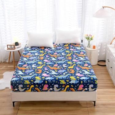 Imagem de NATURETY Pacote com 2 lençóis de cama com bolso profundo, tecido com estampa de dinossauro (azul marinho (dinossauro), pacote com 2 camas de solteiro)