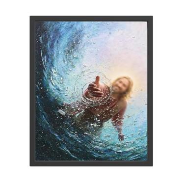 Imagem de Jesus Wall Art The Hand Of God Jesus Reaching Into Water Cristo Religião Decoração de parede, Imagens da Bíblia do Oceano Azul para Sala de Estar Banheiro Quarto Igreja (20 x 25 Sem moldura)