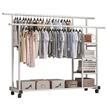 Imagem de GNHGDFFDF Rack de roupas de metal duplo para quarto, trilhos de roupas independentes sobre rodas com prateleira de armazenamento inferior para quarto de casa, comporta 80 kg, fácil de montar, preto