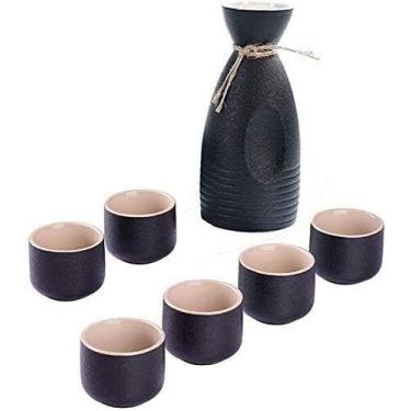 Imagem de GNHGDFFDF Conjunto de copos de saquê conjunto de saquê japonês 7 peças, conjunto de taças de vinho de cerâmica esmaltada preta, textura pitoresca, para saquê frio/quente/saquê quente/shochu/chá
