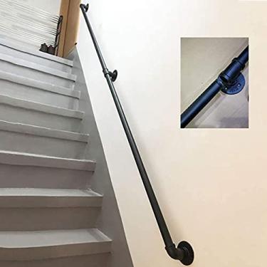 Imagem de Corrimão de escada - kit completo, corrimão de tubo preto industrial de escada com suporte de montagem na parede, casa contra a parede, grades internas e externas para idosos (tamanho: 3,4 m)