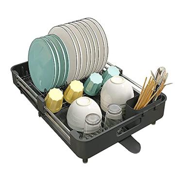 Imagem de BSNANCA Escorredor de pratos expansível multifuncional de aço inoxidável, escorredor de pratos dobrável com suporte de talheres removível e rack de pratos sem arranhões, economia de espaço, bico de