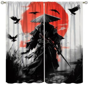 Imagem de Cortinas blackout samurai japonesas para meninos retrô estilo tinta preta e branca estilo sangue lua corvo escuro guerreiro janela tratamentos impressão para crianças meninos quarto sala de estar