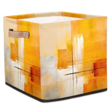 Imagem de hongjinglin Cestos dobráveis para armazenamento de cubos, painel de madeira, pintura laranja, caixotes dobráveis para crianças, brinquedo com alças, organizador de tecido, cesto organizador para