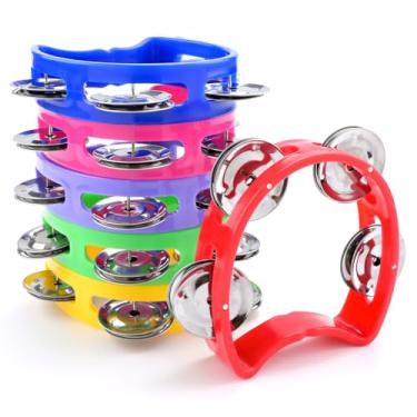 Imagem de BOUBONI Pacote com 6 pandeiros coloridos para crianças, adultos, instrumentos musicais de pandeiro portátil com 4 jingles de metal para sala de aula, pré-escola, banda familiar e artigos de festa