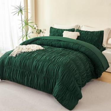 Imagem de PERFEMET Conjunto de edredom King Size verde esmeralda, 5 peças, conjunto de cama franzido, liso, macio, com textura plissada, para todas as estações, boêmio, casa de fazenda, conjunto de cama com