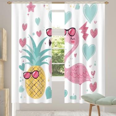 Imagem de 2 conjuntos de painéis de abacaxi flamingo coração cortinas transparentes arejadas com filtro leve painéis de cortina leve cortina de porta janela para sala de estar, quarto, jantar, 192 cm de