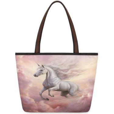 Imagem de Bolsa grande para mulheres, animal, unicórnio, nuvem, rosa, bolsa de pano de trabalho com zíper, reutilizável, bolsas de mão, casual, viagem, pernoite, viagens, trabalho, férias, praia, compras