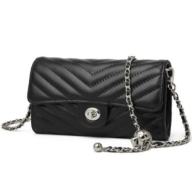 Imagem de DORIS&JACKY Bolsa tiracolo acolchoada pequena para mulheres, bolsa de mão fina de couro com trava de torção e alça de corrente, Preto, Mini，small, Bolsa transversal, bolsa clutch carteira de pulso