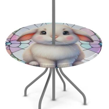 Imagem de hongjinglin Toalha de mesa de Páscoa para uso ao ar livre com orifício para guarda-chuva, toalha de mesa redonda elástica com zíper, impermeável, limpável, para piquenique, festa, pátio, serve para