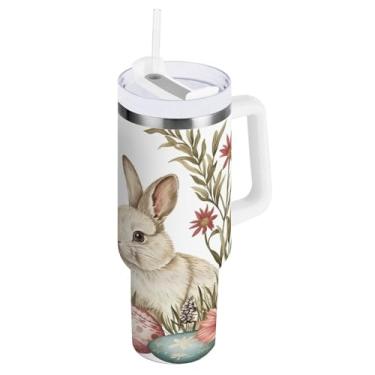 Imagem de ATTX Copo de coelho da Páscoa de 1,134 g com alça, copo de aço inoxidável a vácuo de parede dupla com palha, caneca de café de viagem isolada #461