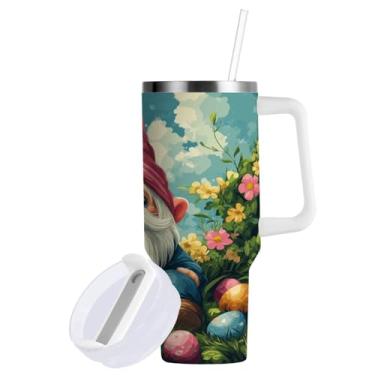 Imagem de Blueangle Copo de gnomo de coelho da Páscoa de 850 g com alça e tampa de palha, copo isolado reutilizável de aço inoxidável garrafa de água caneca de viagem (177)