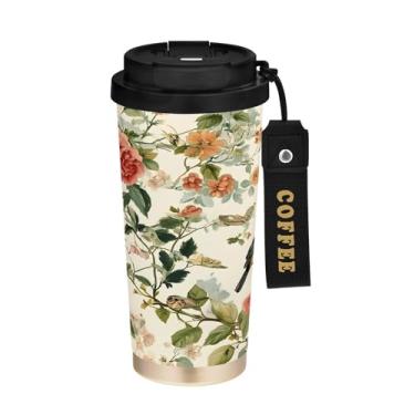 Imagem de SEHANY Caneca de café de viagem Flores e pássaros de 482 g com tampa revestida de cerâmica e à prova de vazamento, parede dupla, copo de aço inoxidável isolado a vácuo para bebidas quentes e frias