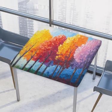Imagem de hongjinglin Toalha de mesa quadrada para uso ao ar livre com borda elástica ajustada toalha de mesa colorida para outono de árvore colorida para ambientes externos, pátio, sala de jantar, cozinha