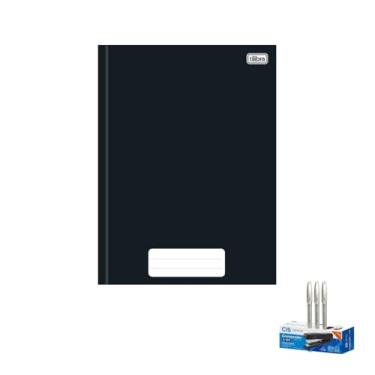 Imagem de Kit Caderno Brochura Capa Dura Preto 80 Folhas Tilibra + Caneta Trigel Branca 0.8mm Caixa com 12 Unidades + Grampeador Metallic C-15 45 Folhas