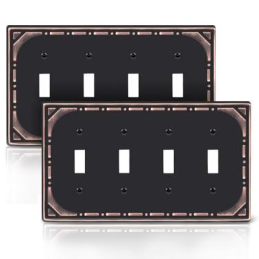 Imagem de Pacote com 2 capas de interruptor de luz quádrupla, capas decorativas de metal bronze polido a óleo, placa de parede de 4 grupos para interruptor de luz - estilo retrô clássico