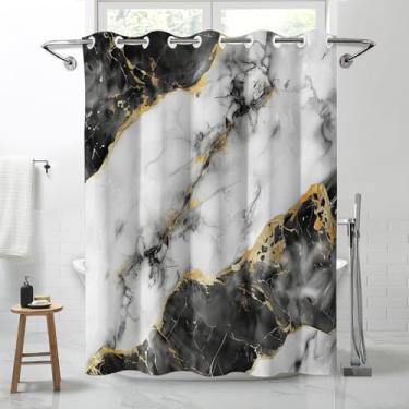 Imagem de Lnond Cortina de chuveiro de mármore preto branco dourado, luxuosa, à prova d'água, sem gancho, para banheiro, spa, banheira, 71 L x 74 C
