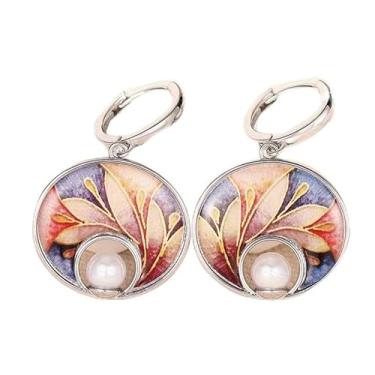 Imagem de Brincos vintage incrustados imitação pérola colorida padrão flor gota para mulheres banquete casamentos roupa casual joias presentes, One size, Cobre, Pérola sintética