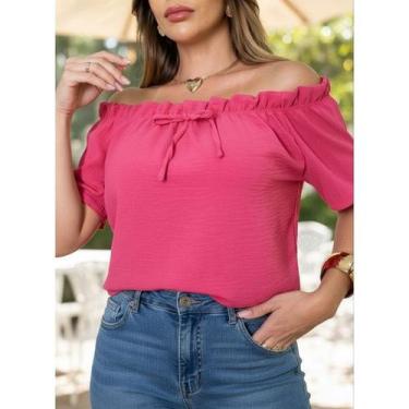 Imagem de Blusa CAMISA ESTILOSA Feminina Ombro a Ombro Manga Curta Verão Casual 