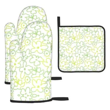 Imagem de Padrão de coloração de flores – Conjunto de cozinha essencial com 3 peças, luvas resistentes ao calor e aderência da tampa, proteção para churrasco no forno, design de armazenamento suspenso.