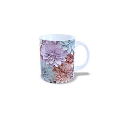 Imagem de Caneca de Cerâmica 325ml com Design de Flores 3D Coloridas, Estampa Floral Rosa, Azul e Amarelo (14135)