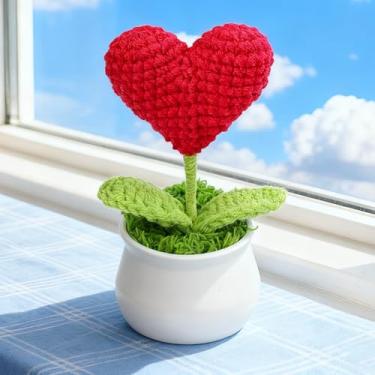 Imagem de Vaso de plantas de crochê, mini decoração de malha para casa/escritório/presentes, decoração de mesa ecológica, coração vermelho