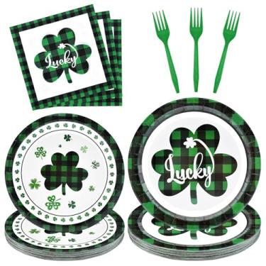 Imagem de Conjunto de 96 peças de utensílios de mesa do dia de São Patrício – pratos, guardanapos e garfos descartáveis de trevo xadrez verde e preto para festa irlandesa, celebração do trevo da sorte, jantar