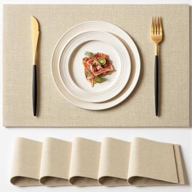 Imagem de AuraNestle Jogo americano conjunto de 6 jogos americanos de tecido tipo linho, 45 x 30 cm, camada dupla, sem rugas, resistente ao calor, para jantar, cozinha, festa (45 x 30 cm, bege)