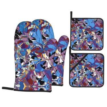 Imagem de Lindas flores – Conjunto de luvas de cozinha estampadas com suportes de tampa, luvas de forno resistentes ao calor para manusear panelas quentes, grelhar, churrascos, kit de 4 peças.