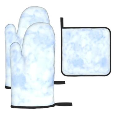 Imagem de Conjunto de cozinha essencial de 3 peças com estampa azul aquarela, luvas resistentes ao calor e aderência da tampa, proteção para churrasco no forno, design de armazenamento suspenso.