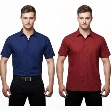 Imagem de Kit 2 Camisas Sociais Microleve Manga Curta cor:Azul Marinho,Vermelho 