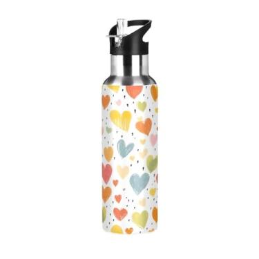 Imagem de Wassud Garrafa de água com corações desenhados à mão garrafa de água esportiva de aço inoxidável com canudo garrafas de água isoladas copo portátil de viagem 946 ml