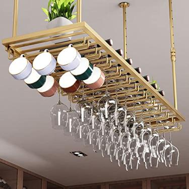 Imagem de APUM Rack de vinho de metal, altura ajustável, suporte de garrafa de vinho de ferro pendurado no teto, prateleira de taças de taças, para restaurantes/bares/casa (80 cm)