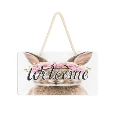 Imagem de Burbuja Placa de boas-vindas com coroa de coelho em flor para porta da frente, placa de boas-vindas de PVC para decoração de férias, 15 x 28 cm