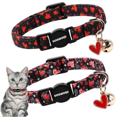 Imagem de Coleira para gatos, pacote com 2 coleiras para gatos Breakaway with Bell, fivela de segurança DOGWONG Dia dos Namorados, coleira de gato, coração fofo para meninas, meninos, gatos e cães pequenos