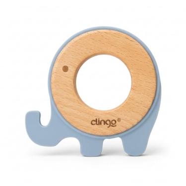 Imagem de Mordedor Elefante Azul Madeira e Silicone Para Bebê Alívio Gengival