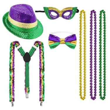 Imagem de JFBNXB Conjunto de fantasia de carnaval de 7 peças com chapéu, gravata borboleta, máscara de olho, suspensórios e colares de contas, perfeito para festas temáticas, apresentações de palco e sessões de