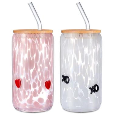 Imagem de Potchen 2 peças de copo de vidro com ícone de confete de dia dos namorados com tampa e canudo, copo de café com coração de 473 ml, presente para decoração de festa dos namorados