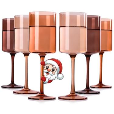 Imagem de Conjunto de 6 taças de vinho coloridas Venus, sopradas à mão, 400 ml, taças de vinho de cristal marrom com hastes altas e longas, copos de cor âmbar - presentes exclusivos para mulheres, casamento