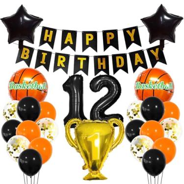 Imagem de Balão esportivo preto, balões metálicos de 12 anos, decoração esportiva de 12 anos, 12 troféus de basquete, 12 balões, tema esportivo de basquete dourado, decoração de festa para crianças, meninos