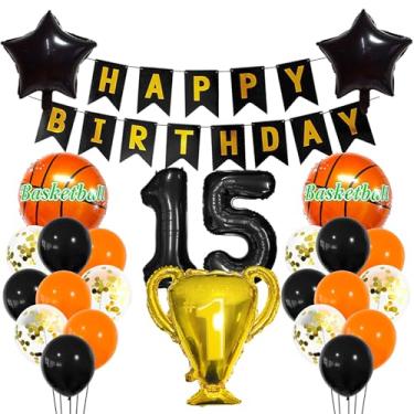 Imagem de Balão esportivo preto, balões metálicos de 15 anos, decoração esportiva de 15 anos, 15 troféus de basquete, 15 balões, tema esportivo de basquete dourado, decoração de festa para crianças, meninos