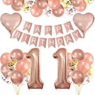 Imagem de Conjunto de balões de ouro rosa, decoração de aniversário de 11 anos, decoração de aniversário de 11 anos, guirlanda de feliz aniversário de 11 anos, decoração de 11 anos para meninas e meninos
