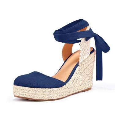 Imagem de FISACE Sandália anabela feminina de verão com salto alpargata plataforma e fivela no tornozelo, 2 - Azul-marinho, 11